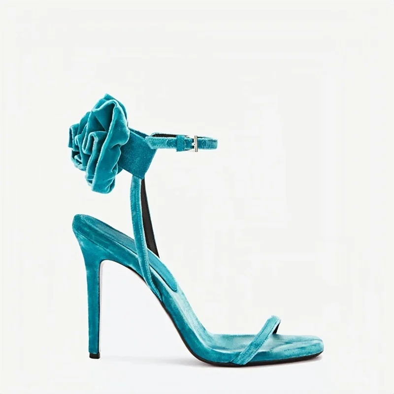 Women's Teal Velvet Heels 3D Rose Ankle Detail Design Sandals Stiletto Heel Ankle Strap Elegant Vintage Ladies Luxurious Shoes - view 5