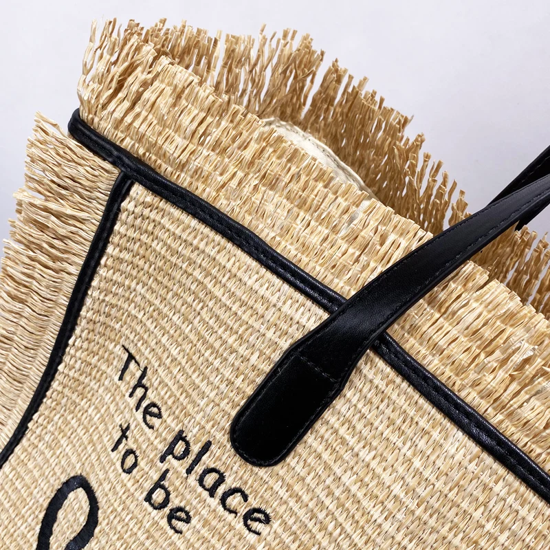 Beach Straw Tote Bags For Women Luxury Designer Handbags Purses 2024 New In Papyrus Letters Tassel Top Handle Underarm Shoulder