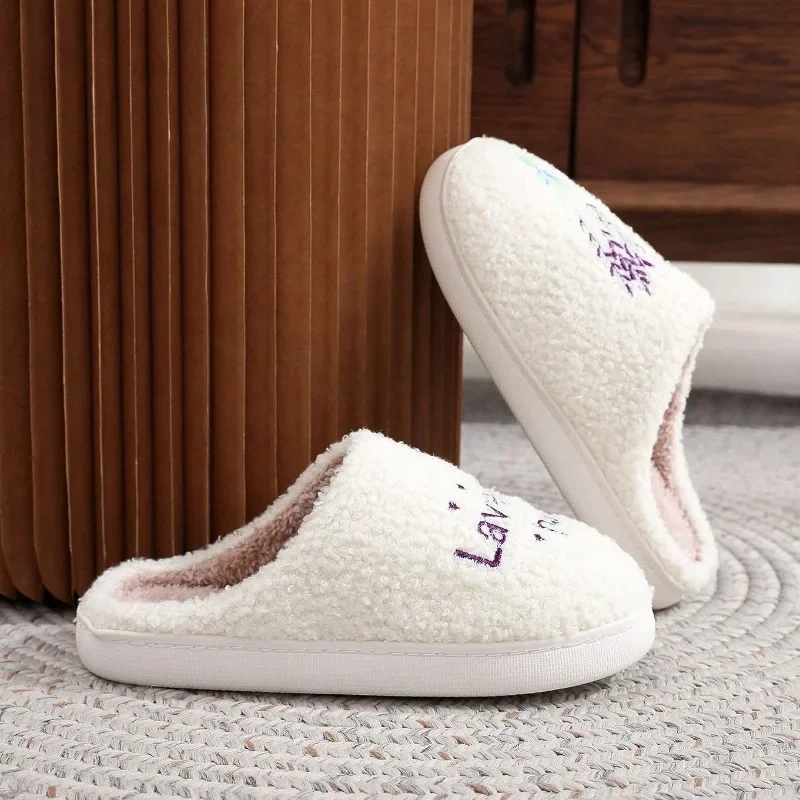 Pantuflas Cálidas de Invierno para Mujer, Color Lavanda, Suela Suave, Cómodas, Planas, Acogedoras, de Felpa, Zapatos de Casa de Algodón para Mujer