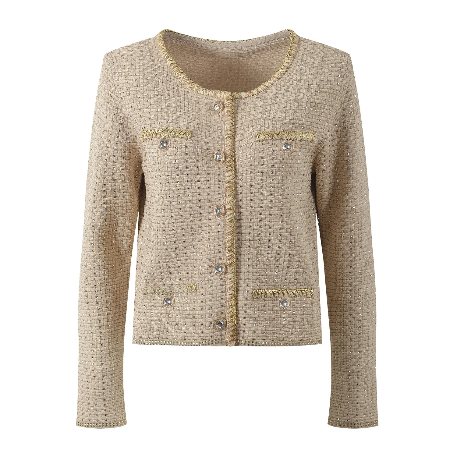 

Spring 2025 New Sle Knitted round Ne Diamond Embellied Long Sve Ele Lady Coat Bright Tead Luxury Knitwear