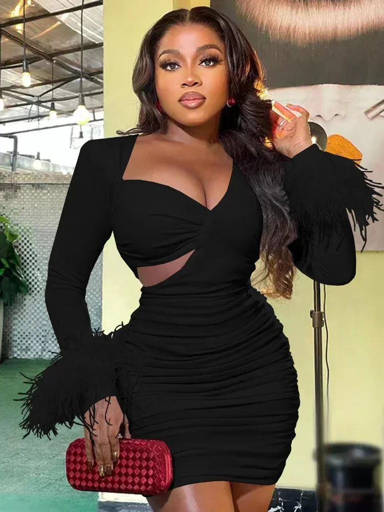 Guwu pena bainha manga longa assimétrico com decote em v recorte lateral ruched empilhado sexy bodycon vestido oco para fora vestidos de festa femininos