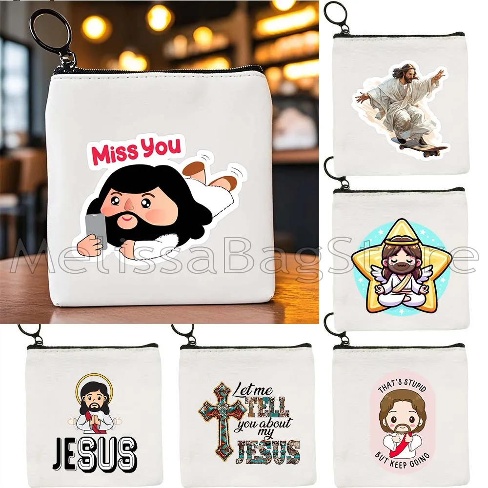 Cute Jesus Is Calling Christmas Gift Kawaii Sweet Baby Jesus Cartoon Buddy Christ Canvas Coin Purse Custom Key Case Cloth Bags