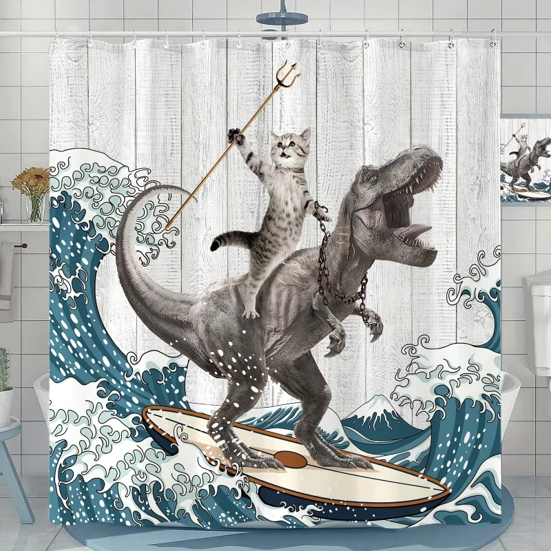 1PC surfing dinosaur ocean, fun cat, wave shower curtain set, waterproof fabric bathroom