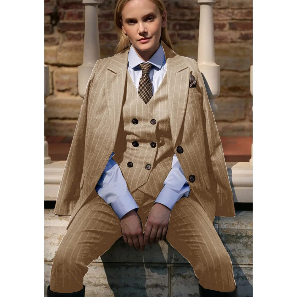 Women\'s Striped Pants Suit Three-piece Double-breasted Slim Lapel Suit Full Set Elegant Fashion Personalized Suit Casual