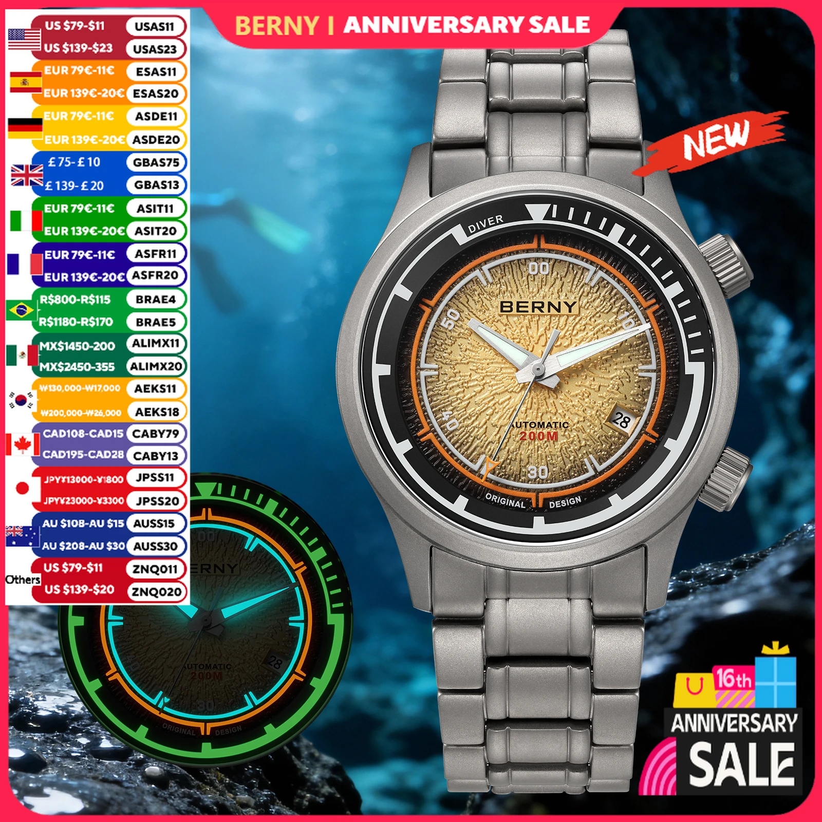 שעוני צלילה טיטניום 20ATM לגברים של BERNY