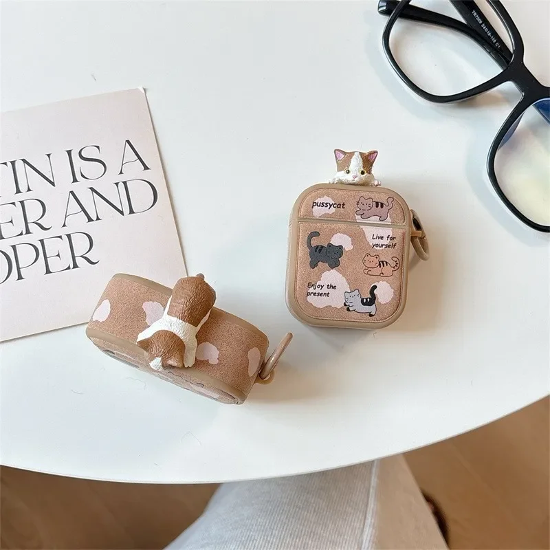 حافظة لطيفة على شكل قطة بنية لأجهزة AirPods 4 Airpod 1 2 3 Pro Pro2 سماعات أذن بلوتوث صندوق شحن غطاء حماية لسماعات الأذن