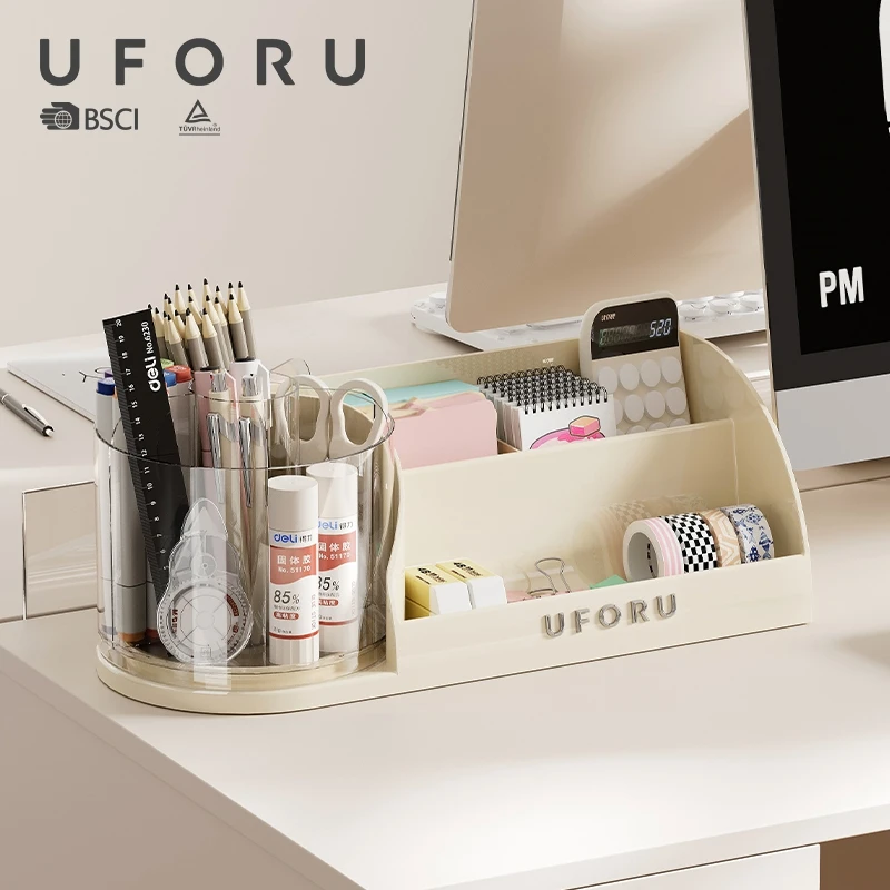 UFORU 360 °   Drehbarer Transparenter Stifthalter Schreibtisch-Organizer, Mehrzonen-Aufbewahrungsbox für Büro- und Schulbedarf