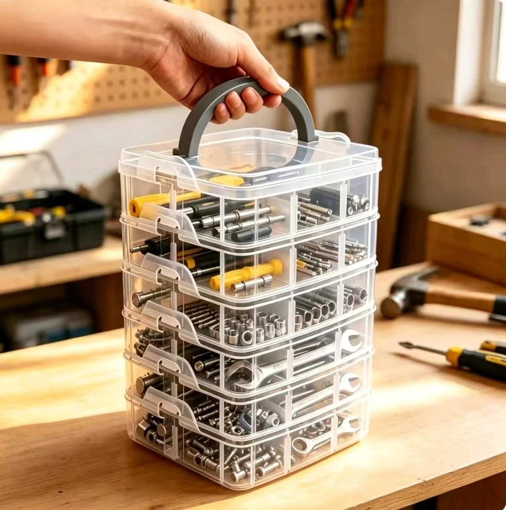 Clear Tool Organizer Box 6 Containers With 1 Lid Transparent Storage Container with Handle Snap Closure Household Use