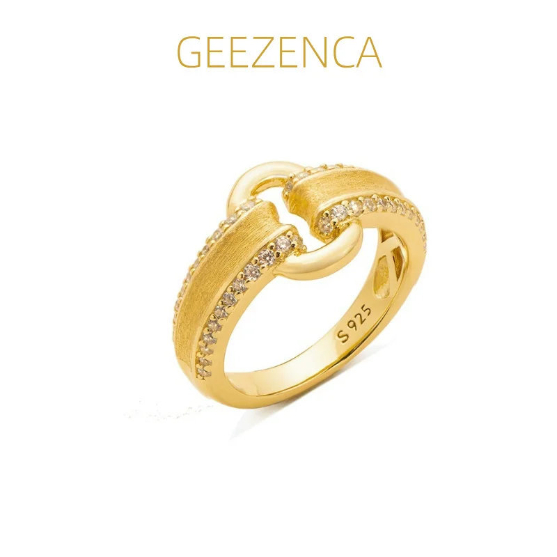 GEEZENCA 925 Sterling Silver Italian Brushed Craft 5A Zircon Rings For Women Lock Buckle Unique Chic Luxury Ring 2024 New Gift