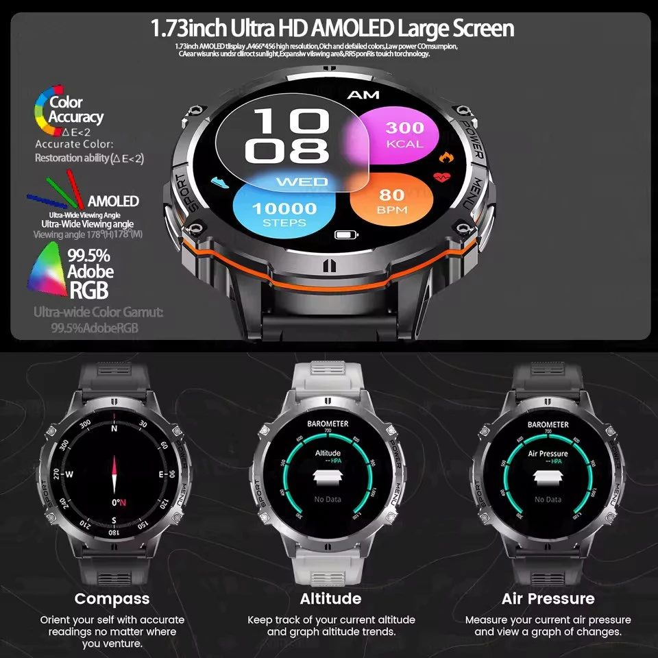 2025 جديد العسكرية الصف الرجال لتحديد المواقع ساعة ذكية 1000mAh بطارية 1.73 بوصة HD AMOLED بلوتوث دعوة 5ATM مقاوم للماء الرياضة Smartwatch