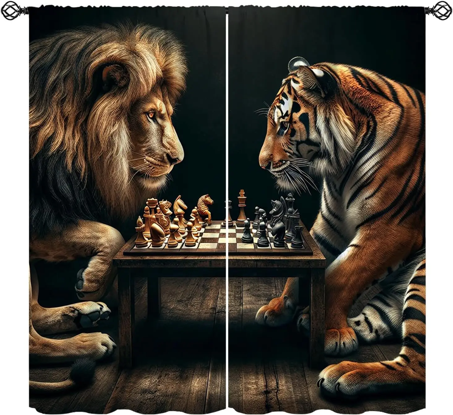 Jungle Animals Curtains, Lion Tiger Playing Chess Game Window Treatments, Rod Pocket Thermal Insulated Drapes 2 Panel Sets