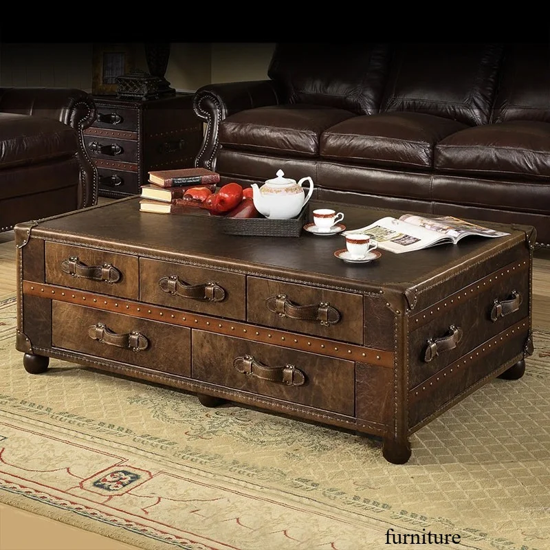 Retro leather box, coffee table, European-style American storage, coffee table, antique cigar bar in the reception room, genuine