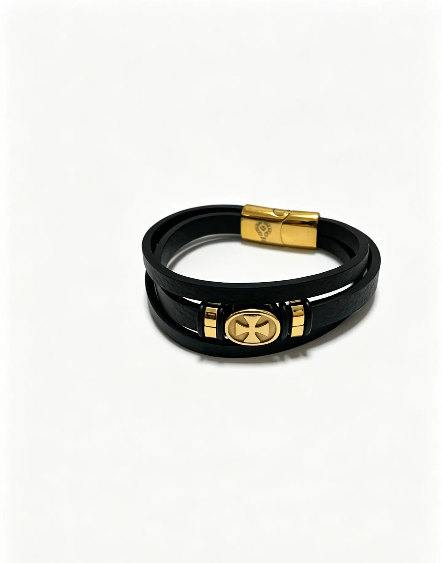 S925 Sterling Silver Black Leather Rope Men's Gold Cross Braided Bracelet Handmade Multi-layer Bracelet