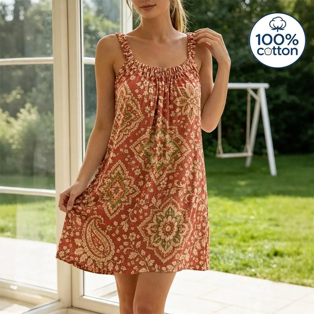 Summer Women 100% Cotton Slip Nightgown Vintage Paisley Floral Sleeveless Mini Night Dress Bohemian Loose Loungewear Pajamas