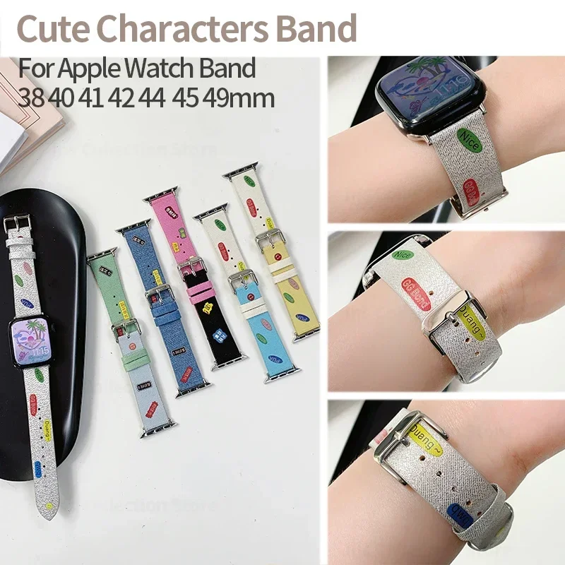 

Korean Denim Strap for Apple Watch Band 40mm 44mm 45mm 42mm Ultra Cute Letter Bracelet for iWatch Serie 7 8 9 Se 6 5 4 38mm 49mm