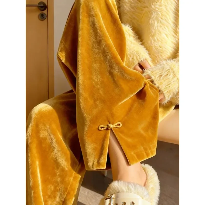 

Модные повседневные универсальные простые золотые бархатные драпированные брюки с высокой талией и широкими штанинами в стиле ретро