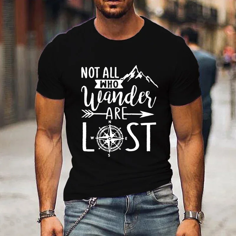 

Men's Funny Compass T-shirt Not All Who Wander Are Lost Print Tops Fashion T Shirt Camping Travel Loose Tee Shirt Men Clothing