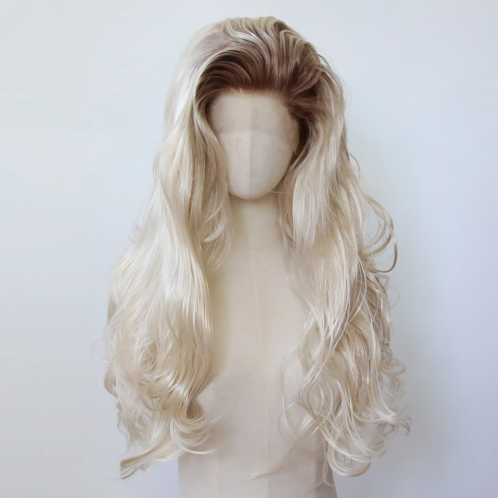 Perruque Lace Front Wig Synthétique Longue Ondulée, Cheveux en Fibre, Blond Clair Ombré, Pre-Plucked, Degré de Chaleur