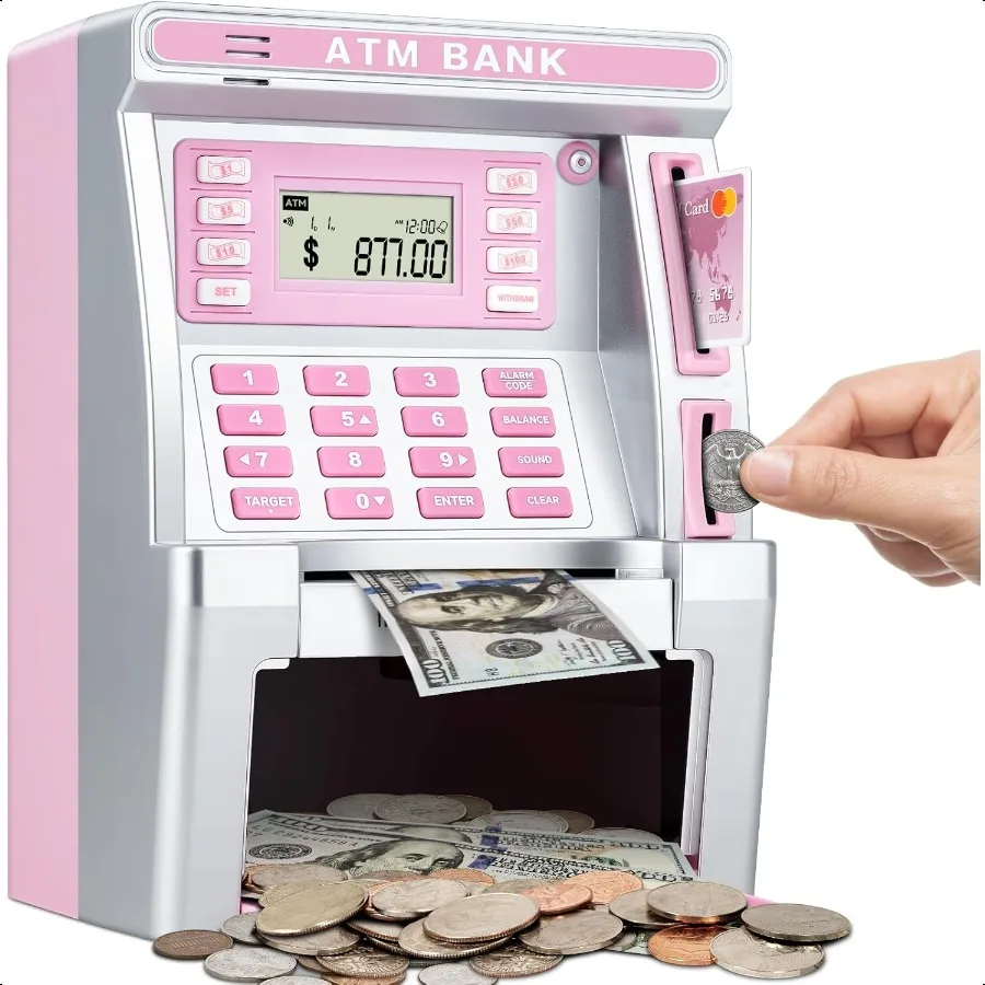 

BAODLON Pink Piggy Bank for ATM hine Bank for Real Money with Debit Card Bill Feeder Coin Recognition Balance Calculator Electr