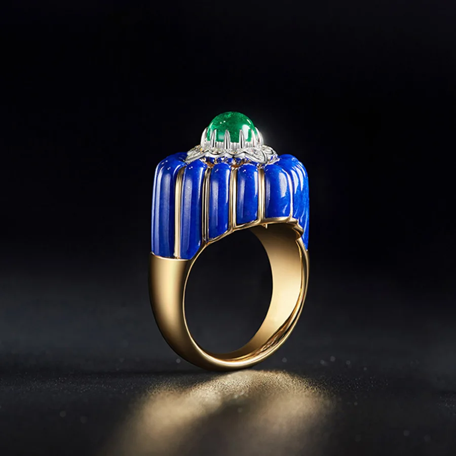 Foydjew Retro Art Deco Architectural Aesthetics Designer Jewelry Crown Modeling Design Simulation Emerald Rings For Women