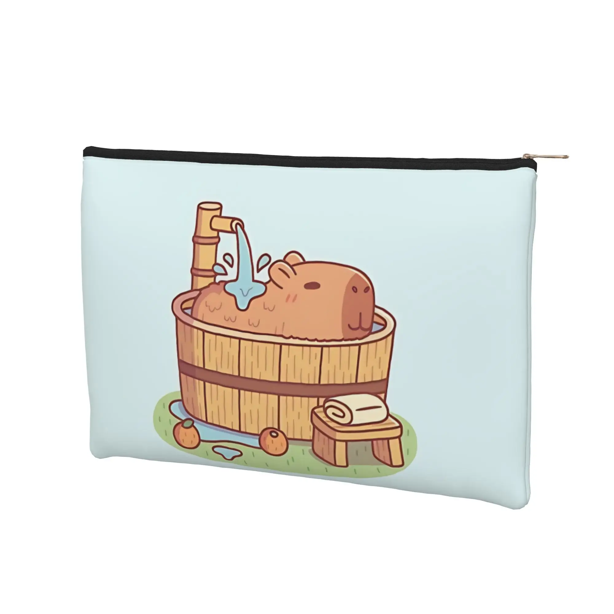 Capybara Stylish Relaxing In Wooden Hot Tub Bath Makeup Bag Toiletry Bag with Zipper Travel Cosmetic Pouch