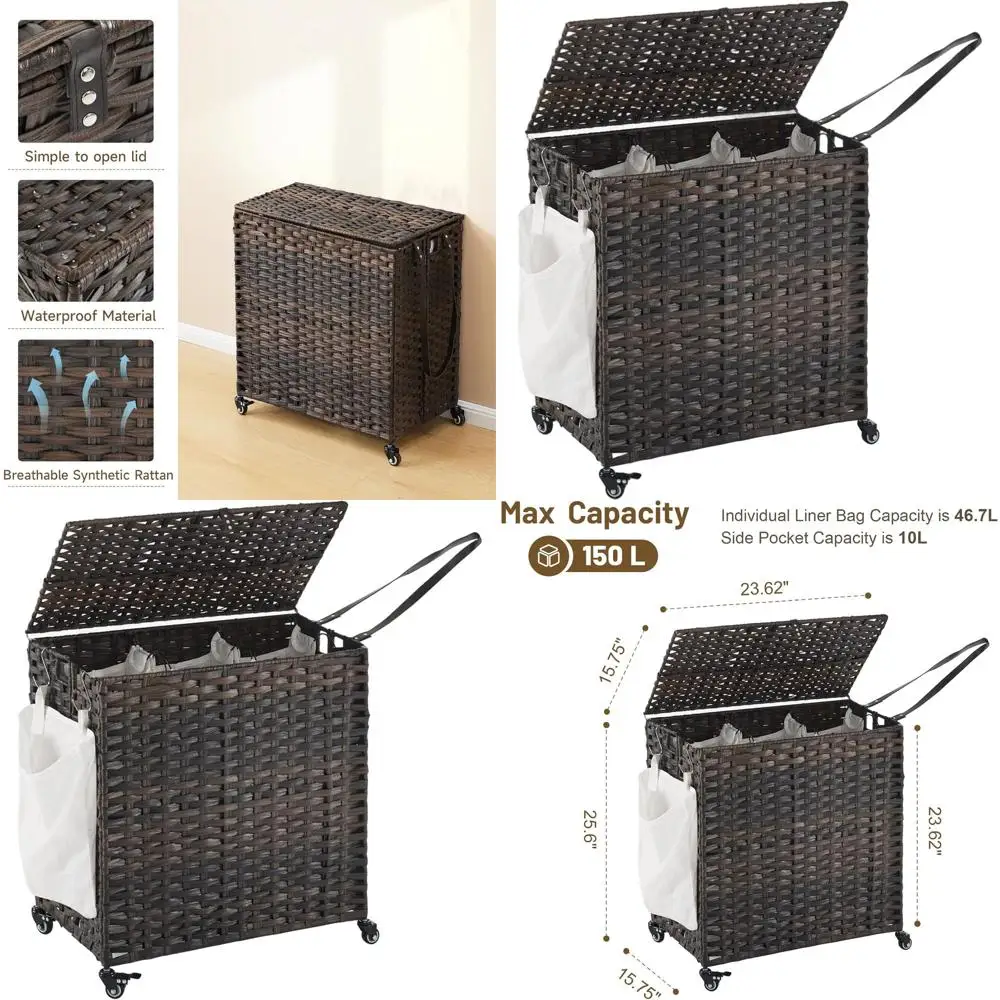 

Rolling 3-Section 150L Laundry Hamper with Lid, Removable Liners & Mesh Bags, Brown