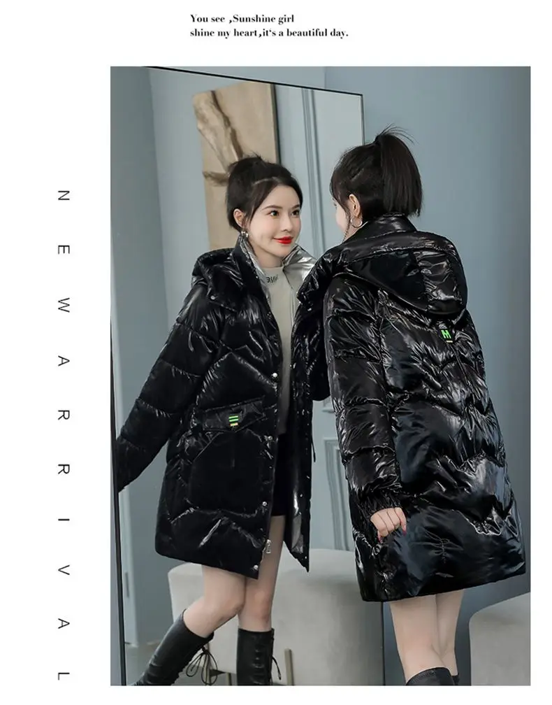 2026 Winter New Gloss Cotton Jacket Women's Medium to Long Korean Loose Coat Lady Thick Hooded Coats Female Warm Parker Overcoat