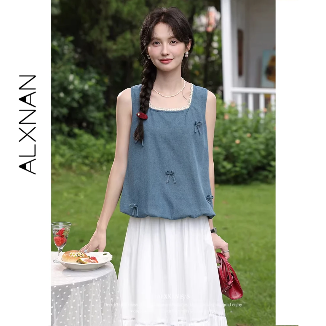 ALXNAN Women's Summer Tank Tops 2026 Denim Blue Elegant 3D Bow Design Sleeveless Tops Sweet Loose Fit Cotton Tanks Female L53971
