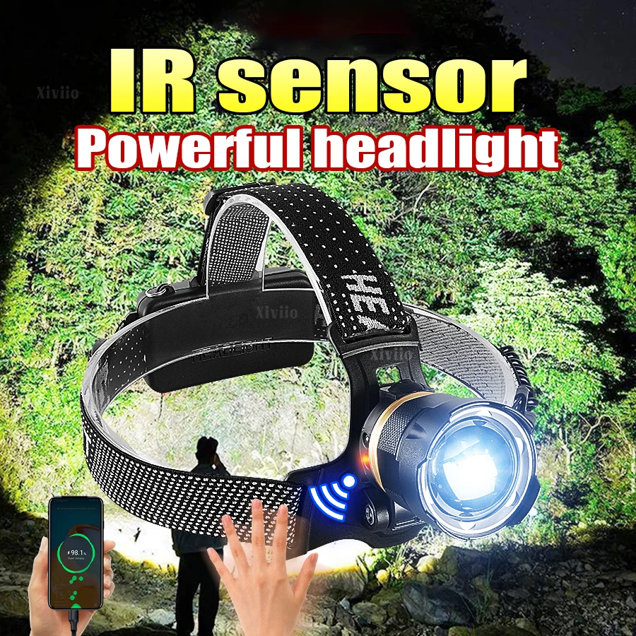 2025 New High Powerful Sensor LED Headlight Long Range Type-c Rechargeable Head Flashlight Camping Fishing Zoomable Head Torch