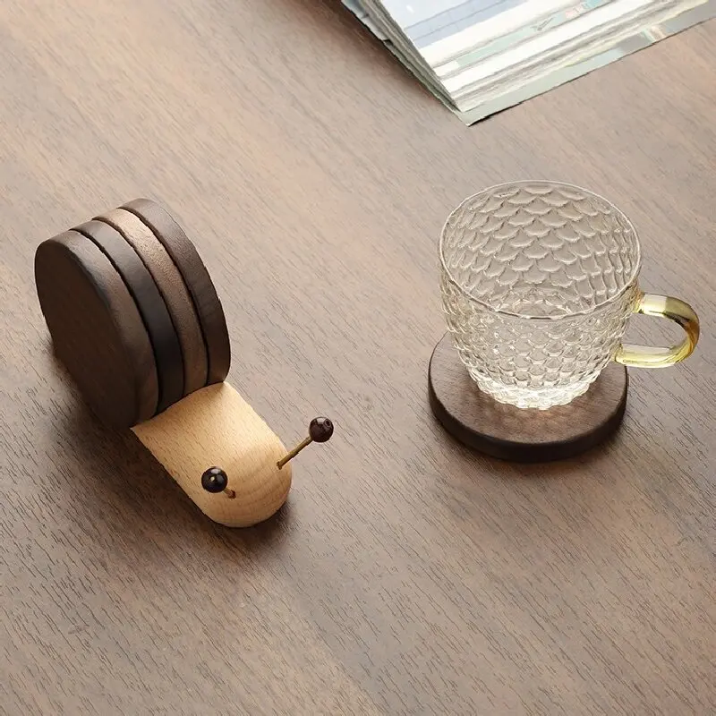 1 Set 5pcs Creative Wood Cup Mat Placemats for Table Cartoon Snail Shaped Heat Insulation Pad Wooden Tea Coaster Tool Tea Tray