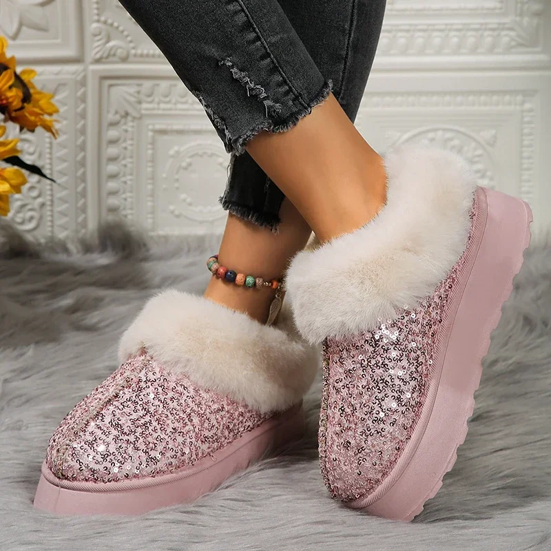 Luxurious Glitter Sequins Womens Plush Ankle Boots Autumn Thick Bottom Platform Snow Boots Ladies Suede Short Plush Shoes Botas