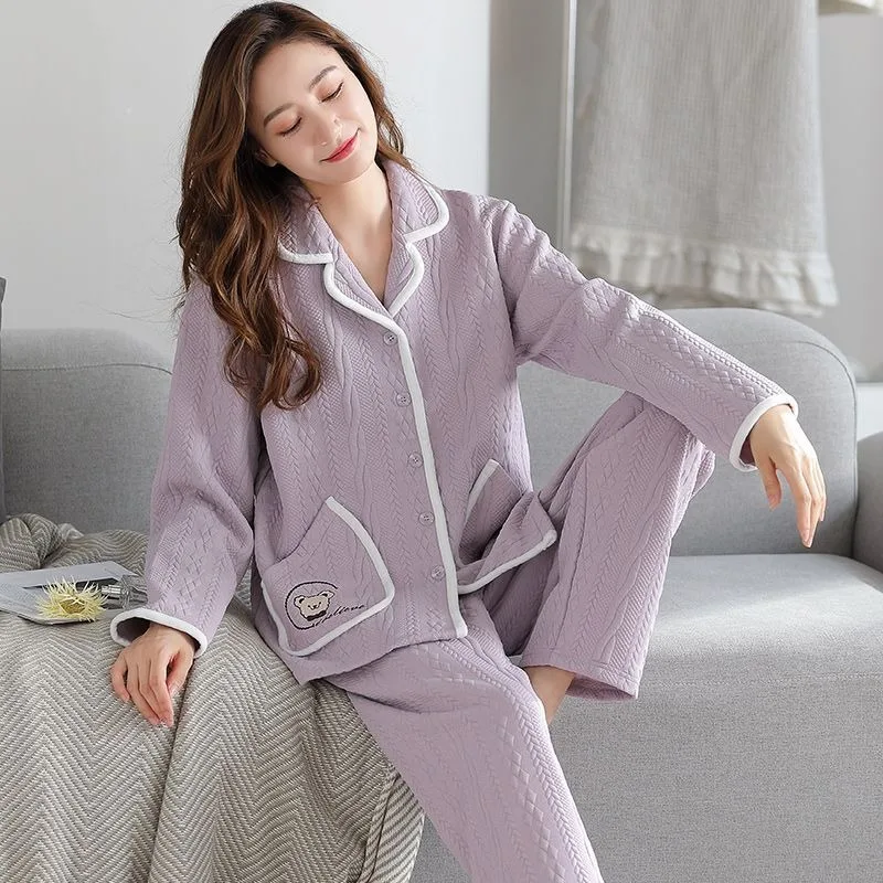 

2023 New Sleepwear Women's Autumn Winter Thick Loungewear Pure Cotton Interlayer Air Cotton Sleepwear V-neck Warm Homewear Set