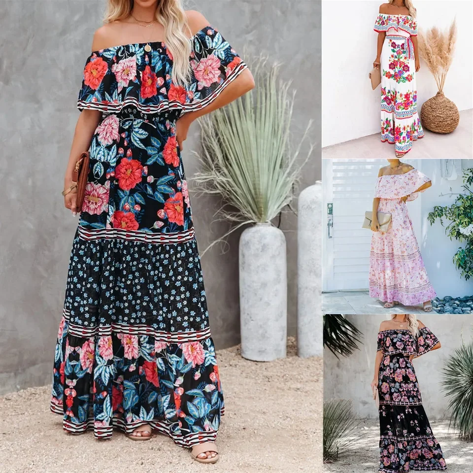 Vestidos largos con hombros descubiertos y estampado de flores para mujer Primavera Verano nueva moda temperamento cintura alta vestido Leace-up Vestidos femeninos