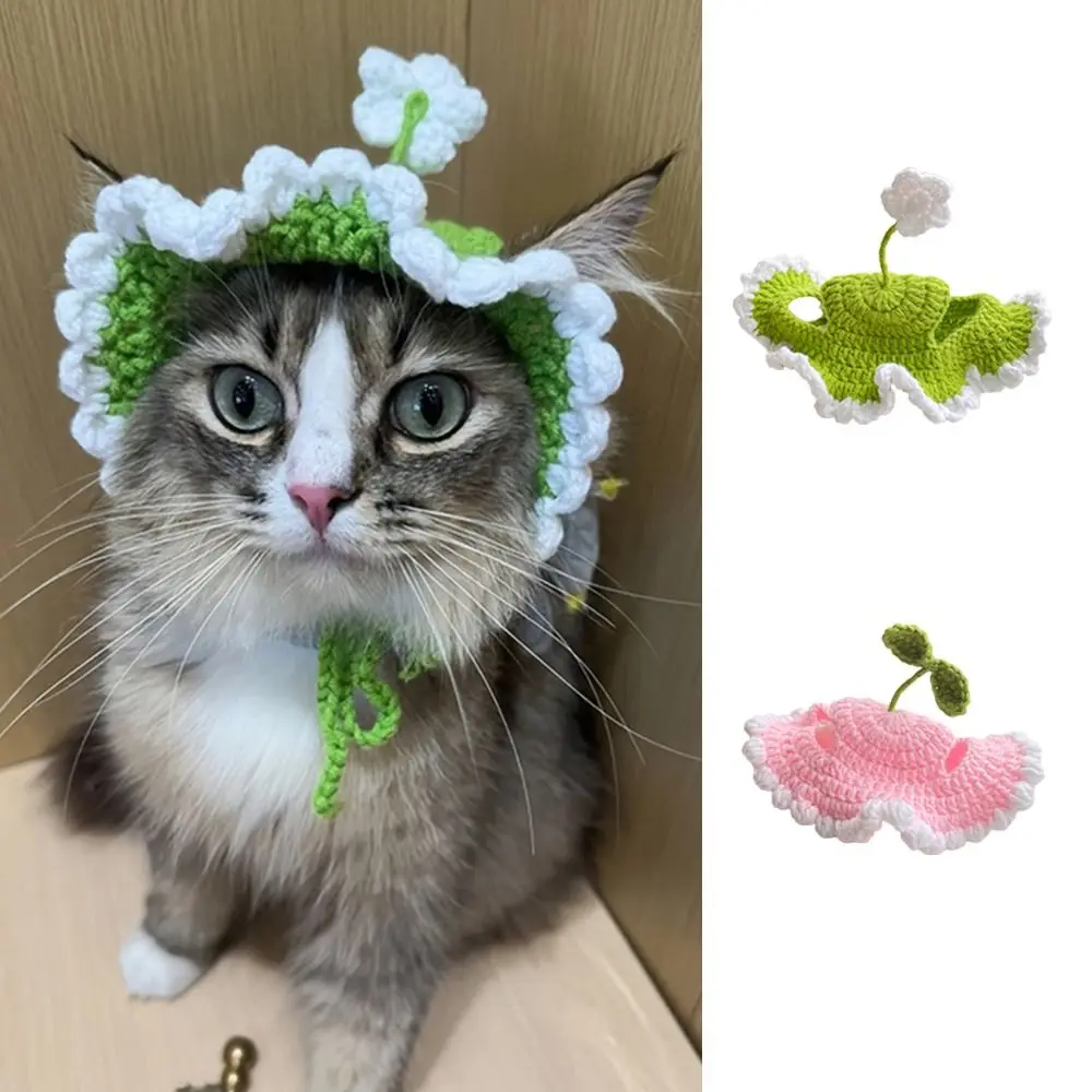 Adjustable Crochet Cat Knitted Hat Handmade Warm Cat Tied-up Hat Cartoon Cute Pet Cap Photo Props