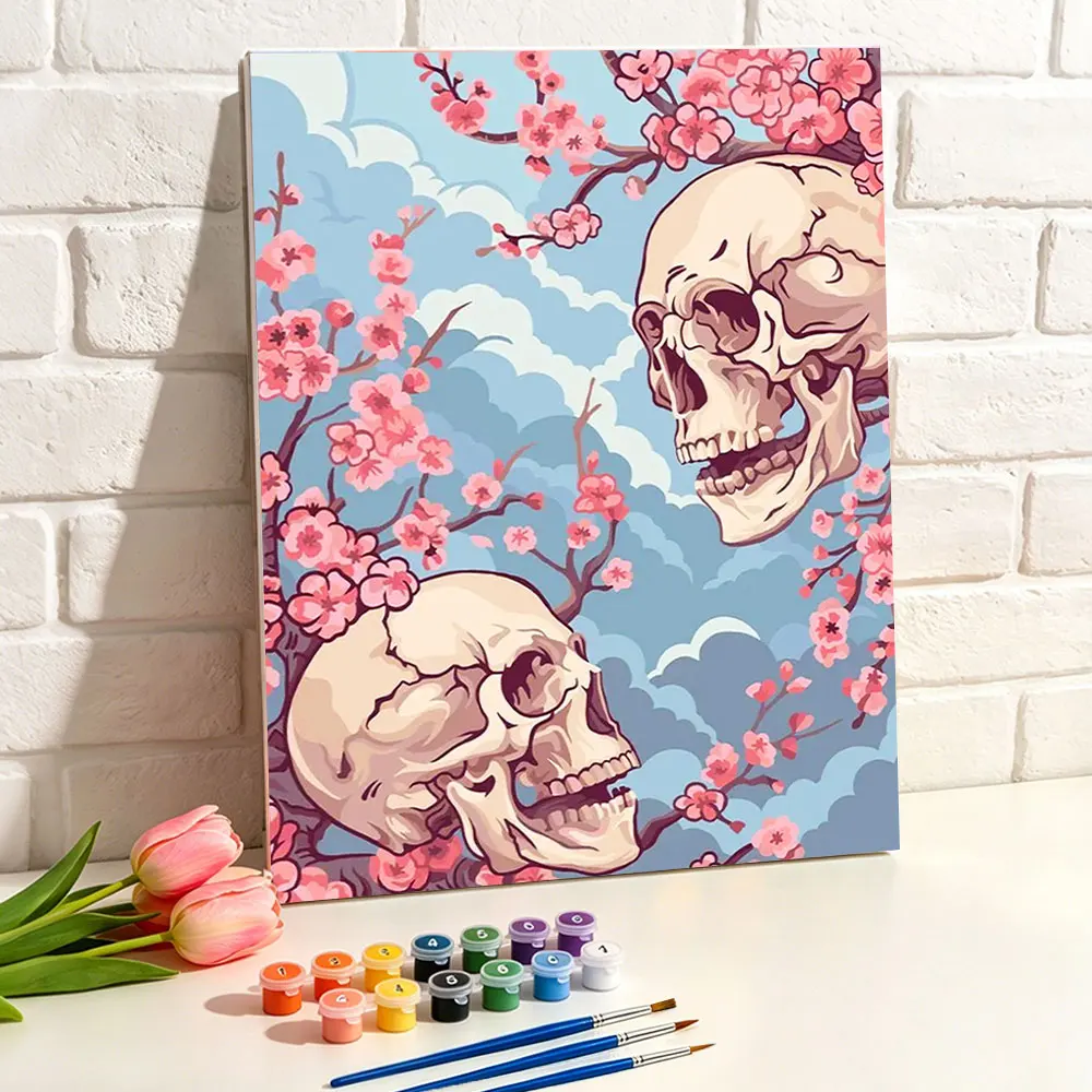 DIY Malen nach Zahlen, Kirschblüten-Schädel-Bild, Kunsthandwerk auf Leinwand, digitales Ölgemälde, Acrylfarben-Sets, Heimdekoration, Geschenk