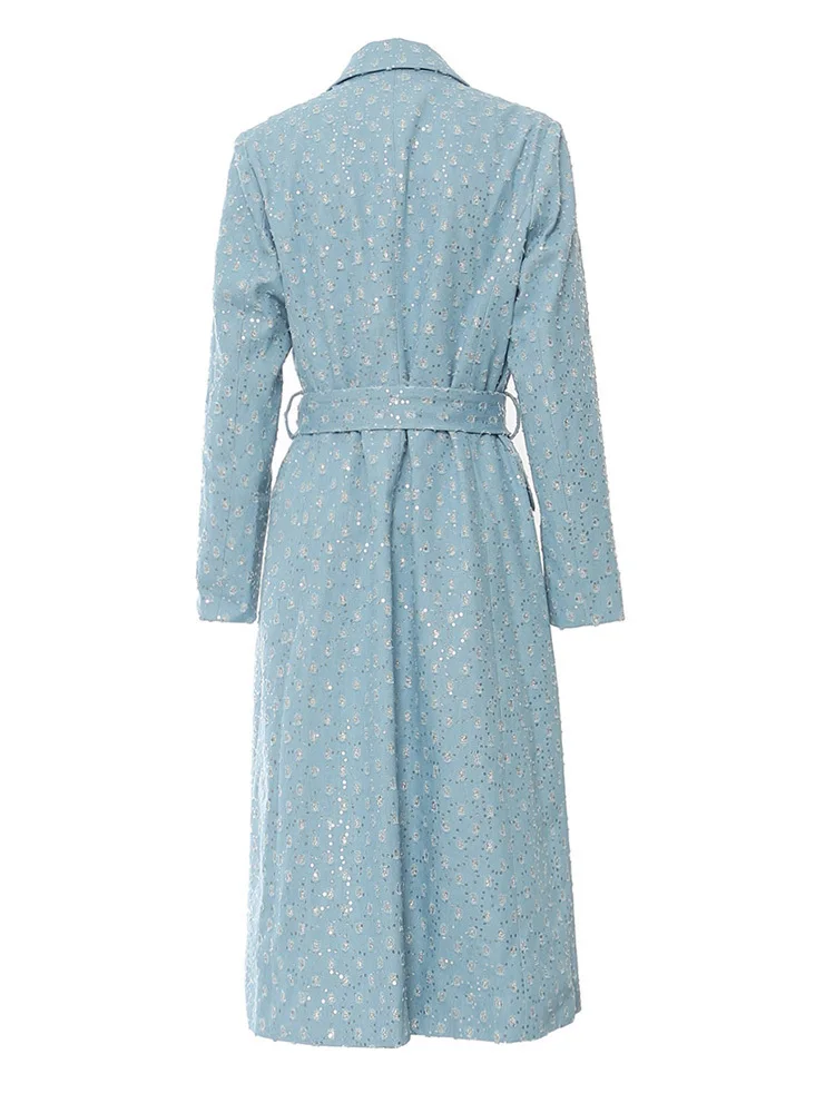 Women Jacket Blue Denim Sequins Big Size Thick Long Blazer New Lapel Long Sleeve Jacket Fashion Tide Spring Autumn New2025пиджак