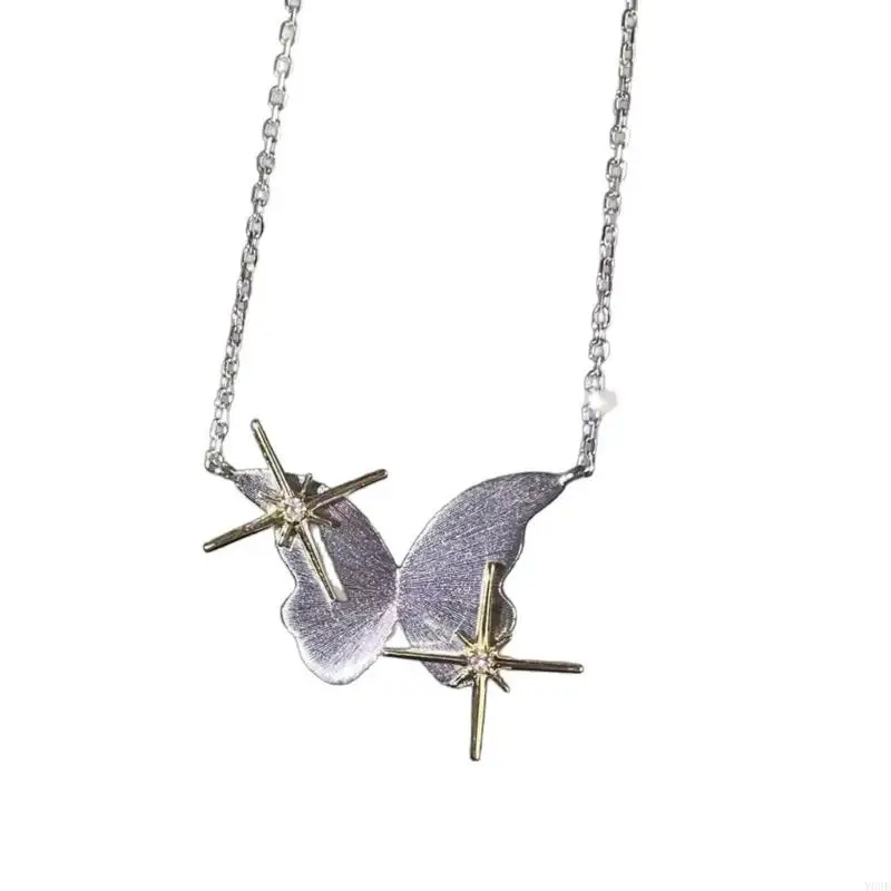 Elegant Four Pointed Star Butterfly Necklace Modern Minimalist Collarbone Chain With Brushed Alloy Finish For Women Y08E