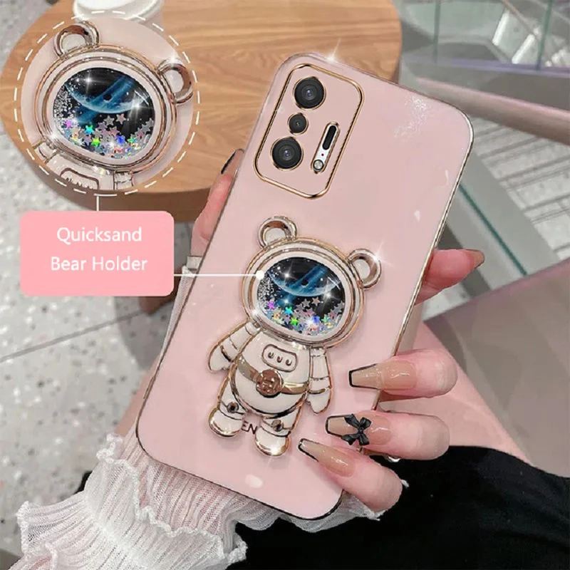 Luxury Plating Square TPU Glossy Phone Case On For Xiaomi Mi 11T Pro 11 T Cute Stand Mirror Rabbit Soft Silicone Back Cover