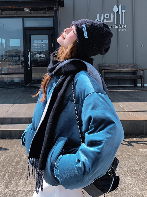 

Синий бархатный пуховик для женщин, теплый, с наполнителем из 90% белого пуха, повседневный, свободного кроя, экологичный