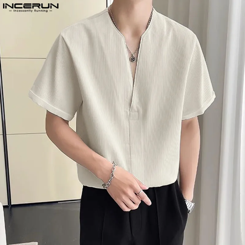 Casual Simple Style Tops INCERUN New Men\'s V-neck Texture Design T-shirt Male Streetwear Solid Short Sleeved Camiseta S-5XL 2024