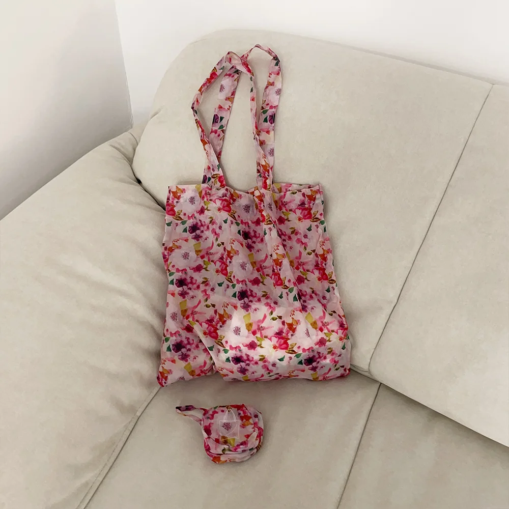 Rural floral shopping bag, polyester large capacity supermarket portable bag, foldable shoulder bag, beach bag