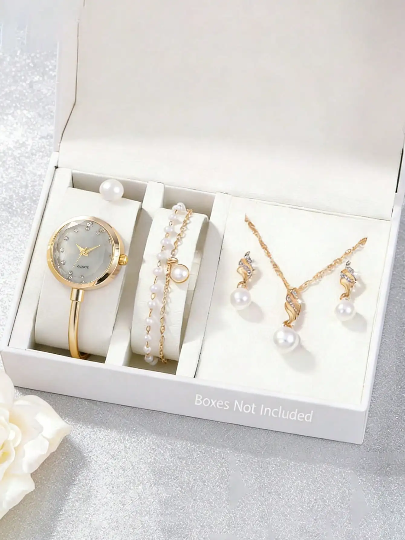 Women's Watch, Elegant Heart-Shaped Dial Quartz Watch, With Faux Pearl Necklace, Earrings And Bracelet