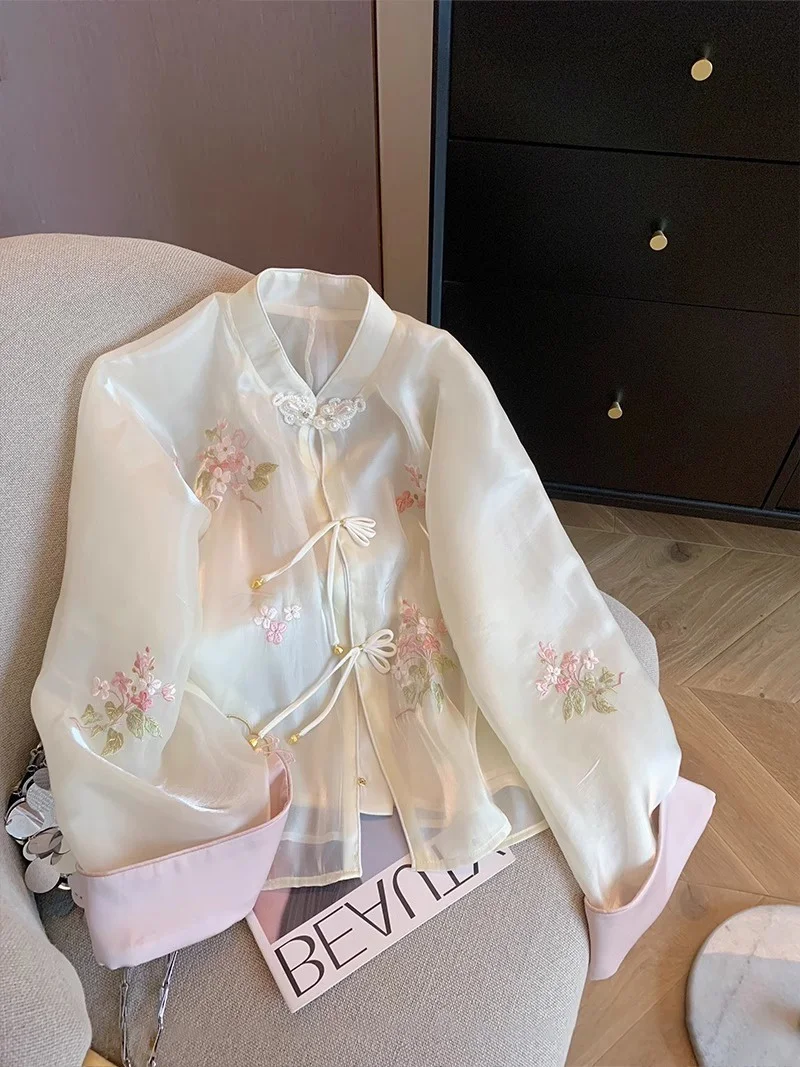 

New Chinese Sle Loose Breathable Summer Vintage Sweet Floral Embroidery Button Ogees Outerwear Women's Faion ort Coat