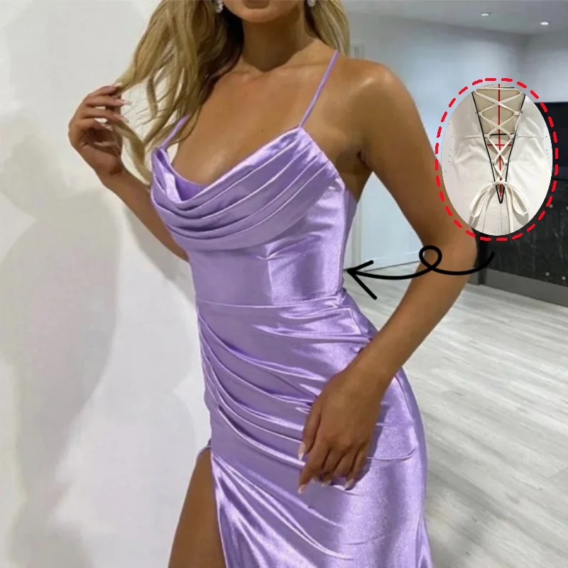 Wakuta-Europeus e Americanos Sem Alças Plissadas Split Cetim Vestidos de Noite Formais Femininos, Vestido De Cerimônia De Graduação