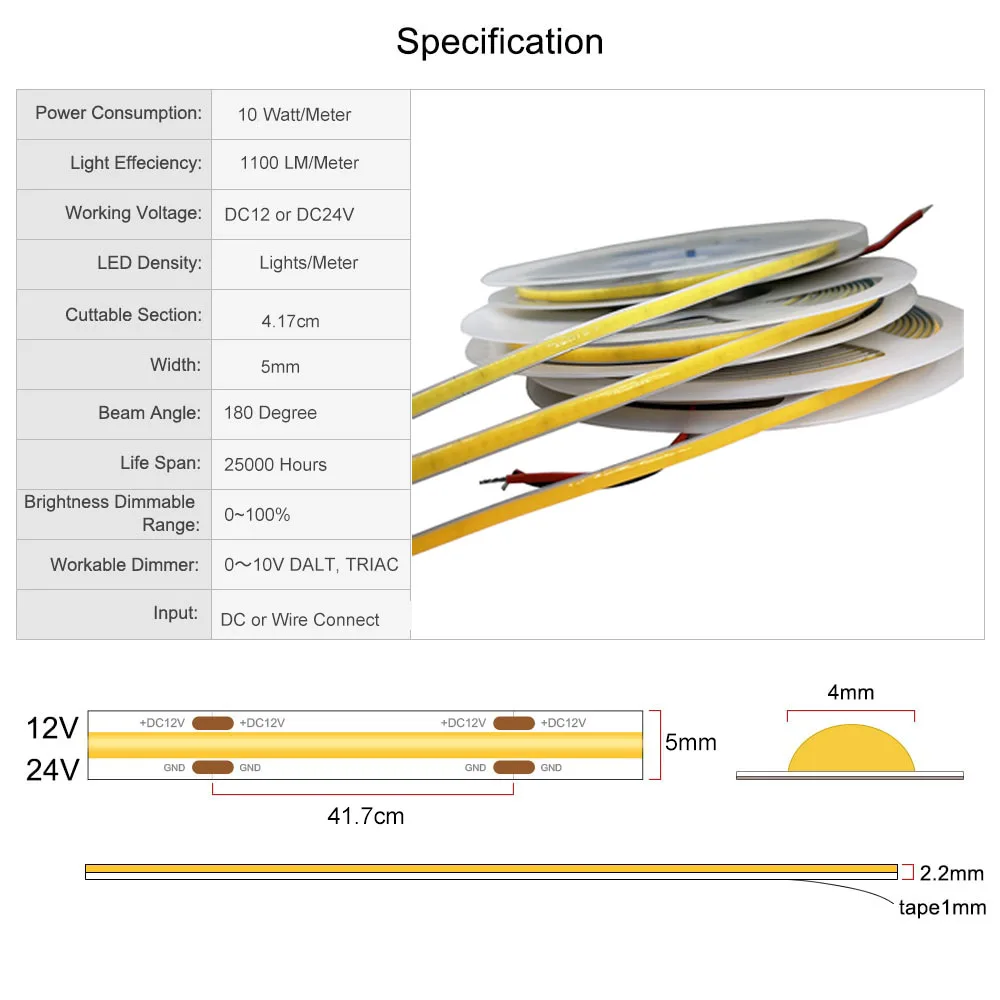 Kawat/DC 5Mm COB Lampu Strip Led 384LEDs/M Pita Fleksibel Lembut Lampu Led Bar 3000K 4000K 6000K 12V 24V RH90 Lampu untuk Dekorasi Rumah