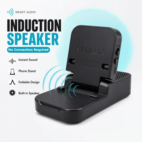Induction Speaker with Phone Stand Wireless Audio Black, Phone Speaker Amplifier for iPhone and Android, Universal Mobile Phone Stand, Christmas Birthday Gift for Men Women Teens