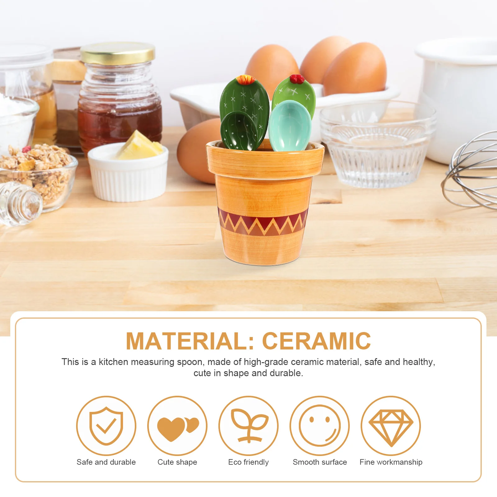 

1Set Ceramic Cactus Measuring Spoon Set Space Saving Holder Measuring Cups for Baking Coffee Flour Sugar Milk Powder Spoon