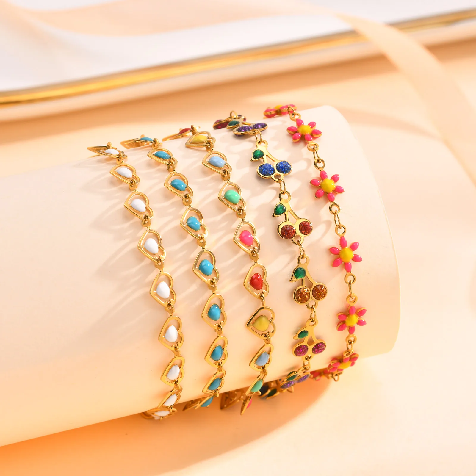 

Trendy Bohemia Colourful Drip Glue Beads Chain Bracelet for Women Stainless Steel Beads Bracelet Girl Gift,Heart-shaped Chain
