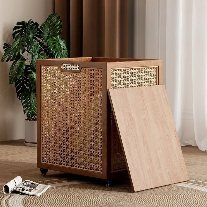 Wood Dirty Laundry Basket Lid Wheels Move Dirty Clothes Container Bathroom Woven Baskets Clothes Storage Useful Home Accessories
