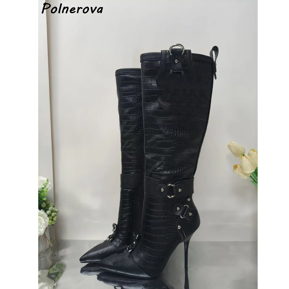 Crocodile Pattern Black Rivet Buckle Boots Dark Punk Solid Pointy Toe Thin Heels Knee High Boots Women Winter Leather Sexy Shoes
